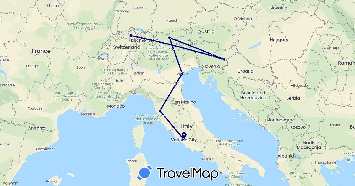 TravelMap itinerary: driving in Austria, Switzerland, Italy, Slovenia (Europe)